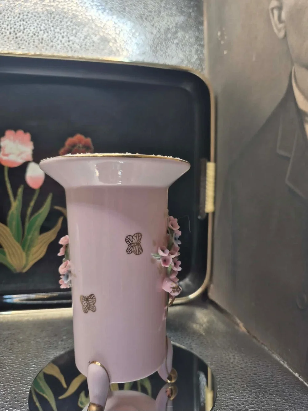 Vintage MCM Pink Lefton China Footed Bud Vase 24k Gold Sugared Rim & butterflies
